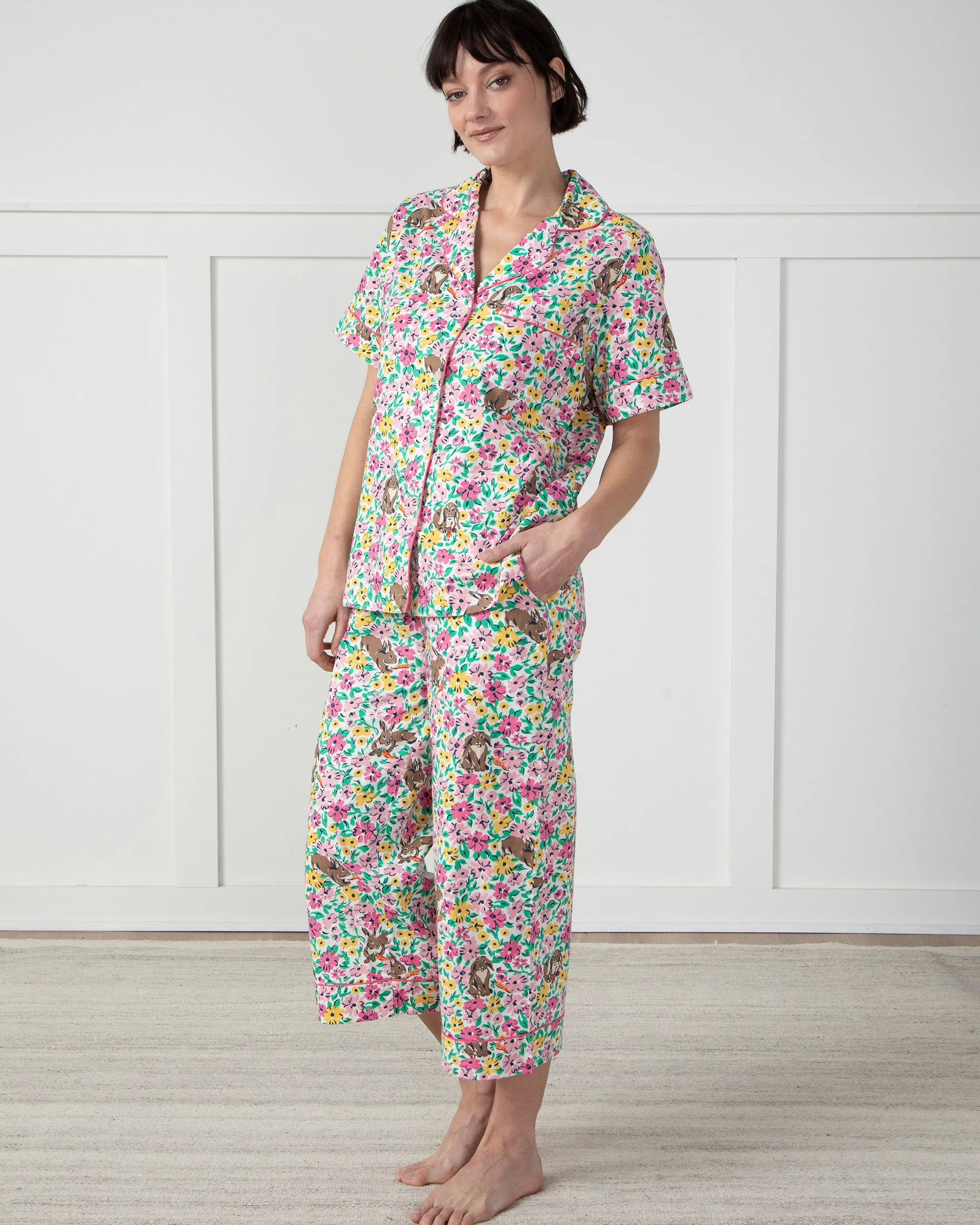 Bunny Trail - Short Sleeve Top & Cropped Pajama Pants Set - Spring Meadow