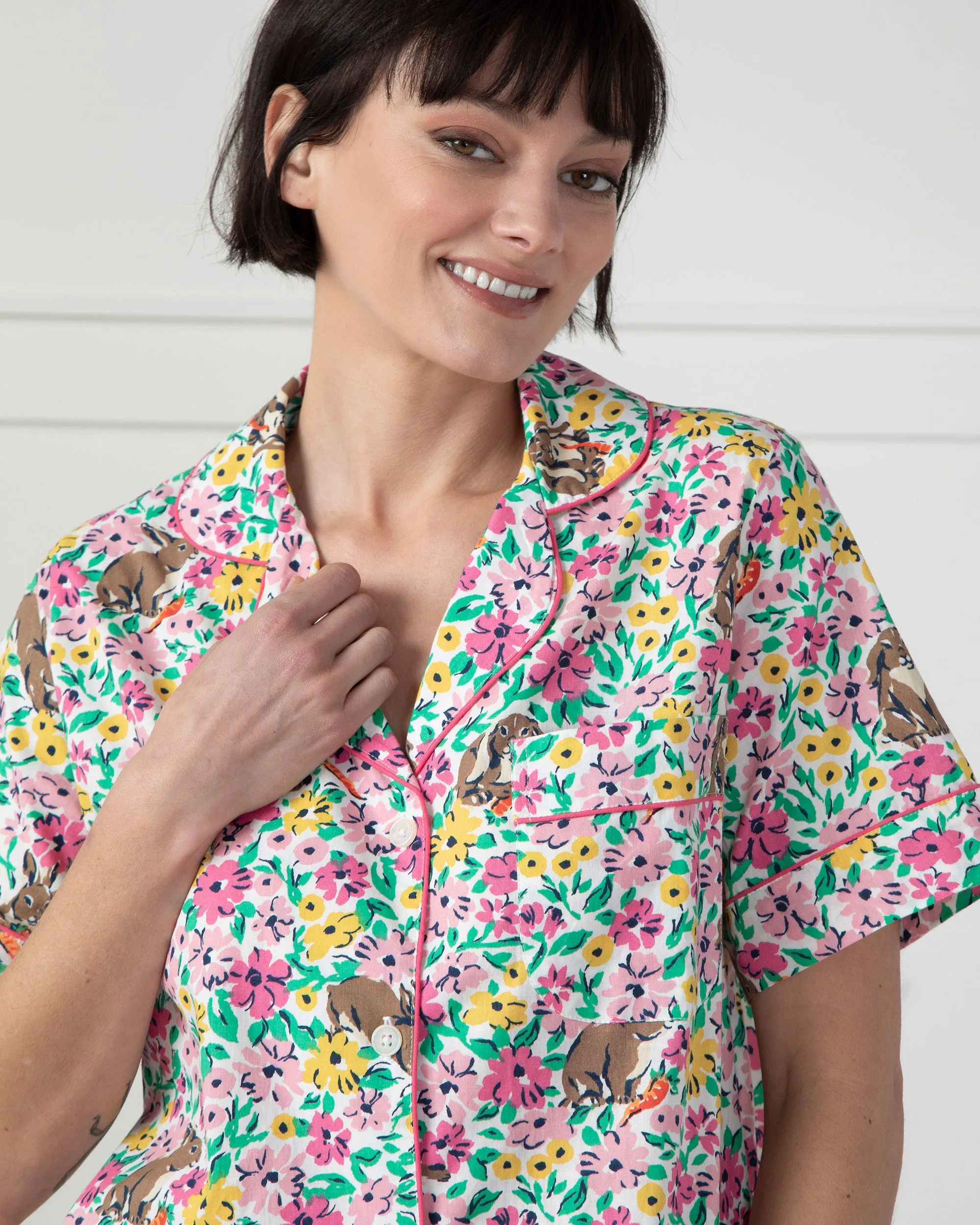 Bunny Trail - Short Sleeve Top & Cropped Pajama Pants Set - Spring Meadow