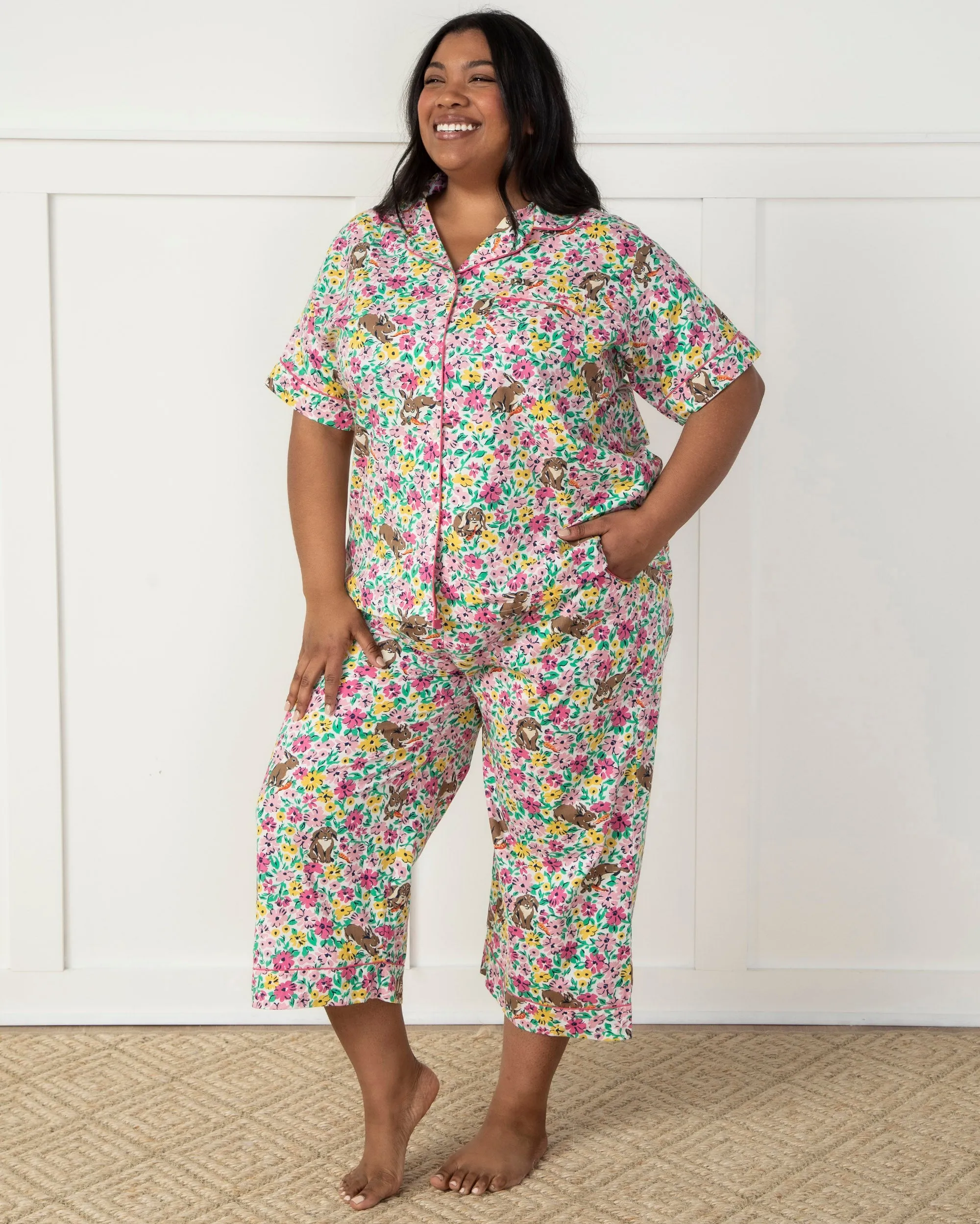 Bunny Trail - Short Sleeve Top & Cropped Pajama Pants Set - Spring Meadow