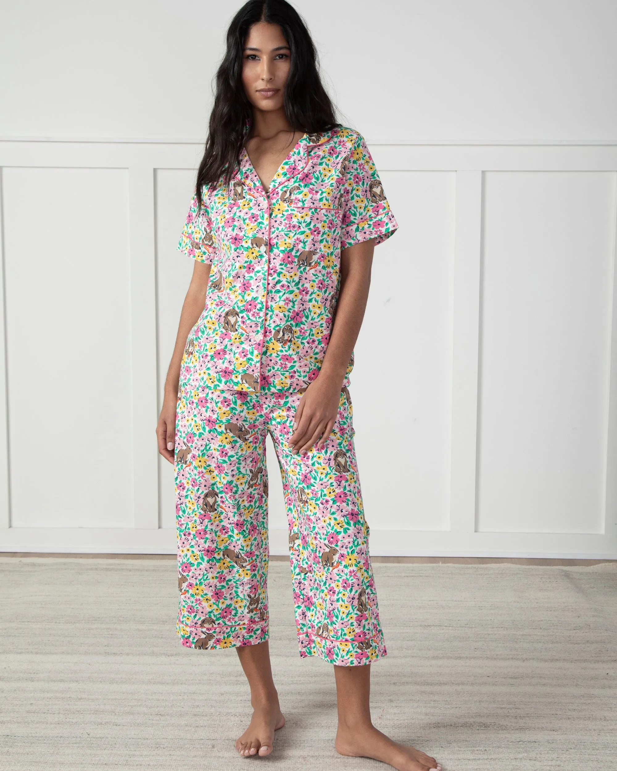 Bunny Trail - Short Sleeve Top & Cropped Pajama Pants Set - Spring Meadow