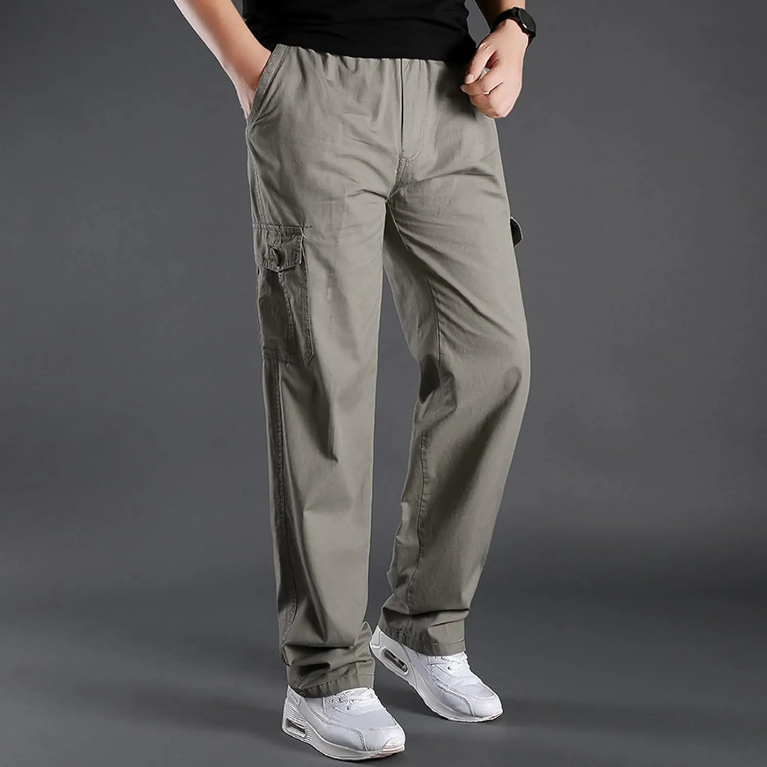 Cargo Pants for Men,Men's Cotton Linen Pants Elastic Lightweight Drawstring Waist Pants Fall Cargo Pants with Pockets