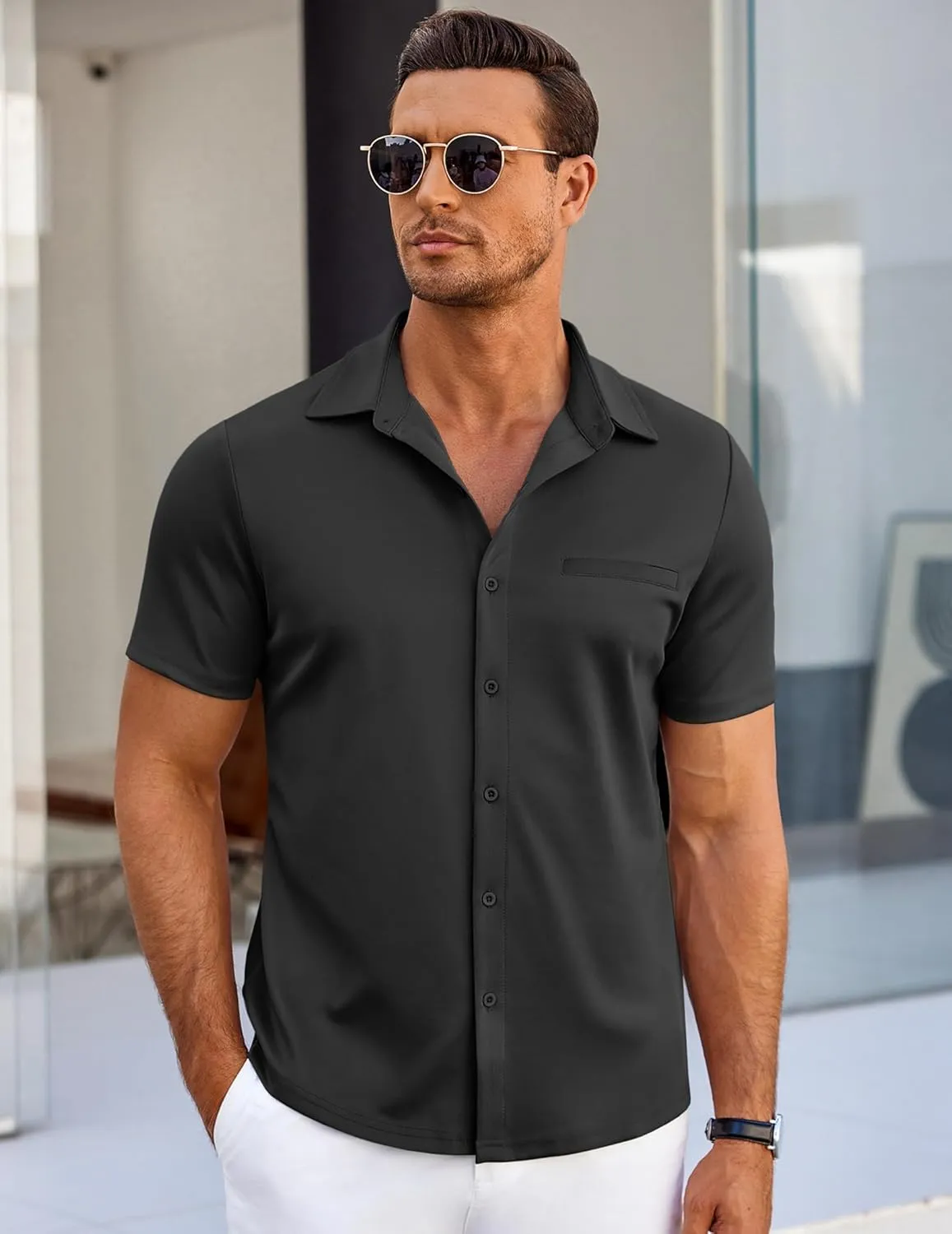 COOFANDY Men's Short Sleeve Button Down Wrinkle Free Shirt Summer Casual Stretch Untucked Dress Shirts