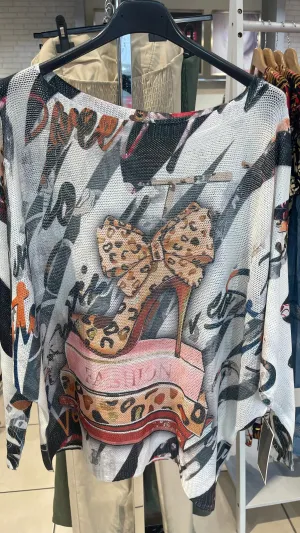 Ellie - Black Leopard Bow  Heel Print Fine Knit Top