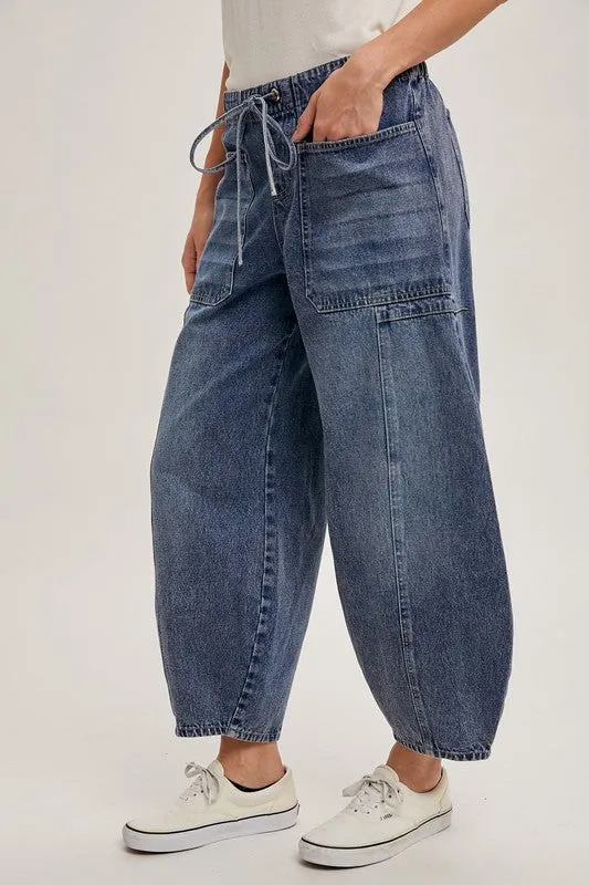 Med.Wash Denim Mid-Waist Drawstrings Barrel Jeans