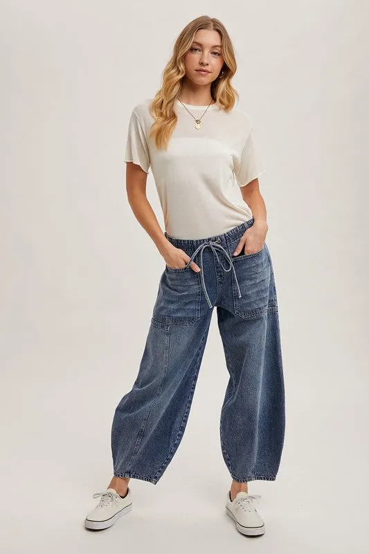 Med.Wash Denim Mid-Waist Drawstrings Barrel Jeans