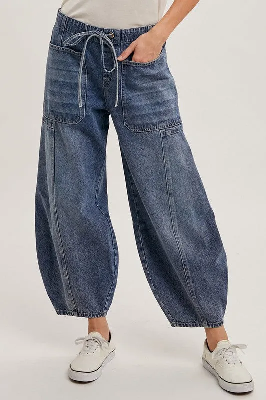 Med.Wash Denim Mid-Waist Drawstrings Barrel Jeans