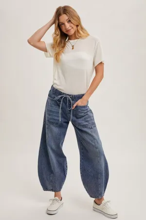 Med.Wash Denim Mid-Waist Drawstrings Barrel Jeans