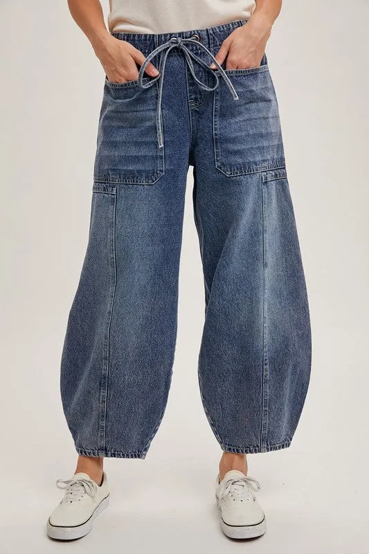 Med.Wash Denim Mid-Waist Drawstrings Barrel Jeans
