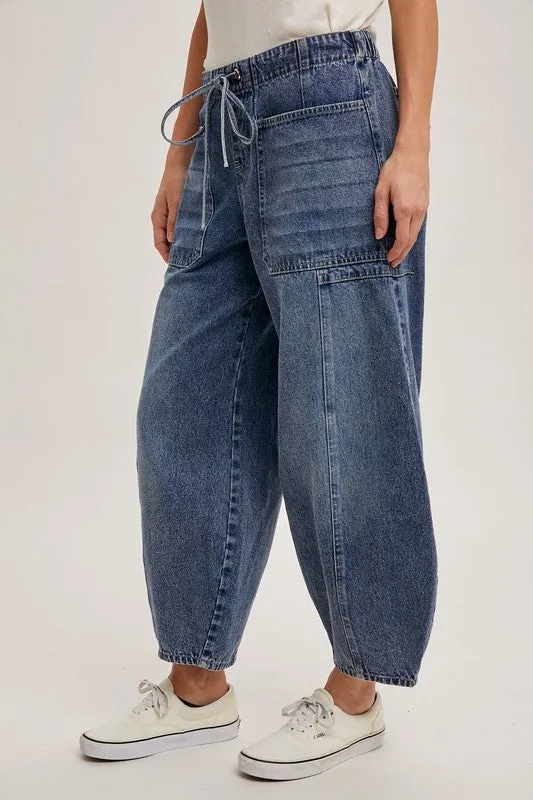 Med.Wash Denim Mid-Waist Drawstrings Barrel Jeans