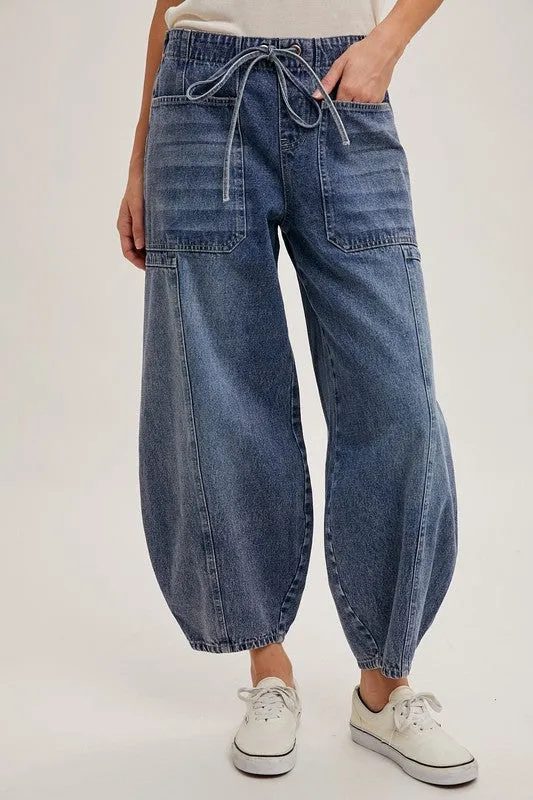 Med.Wash Denim Mid-Waist Drawstrings Barrel Jeans