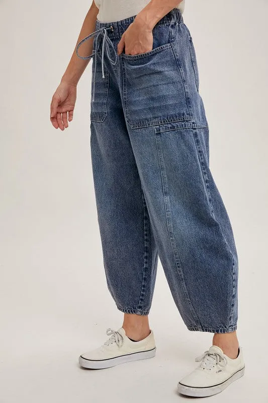 Med.Wash Denim Mid-Waist Drawstrings Barrel Jeans