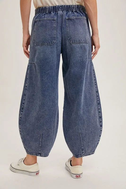Med.Wash Denim Mid-Waist Drawstrings Barrel Jeans