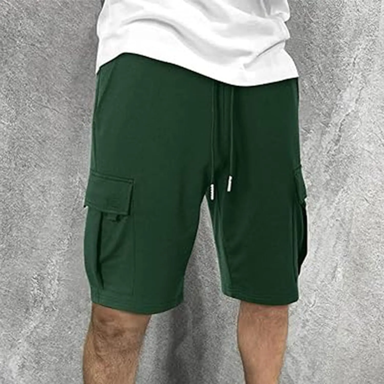 Mens Casual Twill Cargo Shorts Trendy, Cotton Elastic Waist Drawstring Classic Stretch Shorts with Pockets