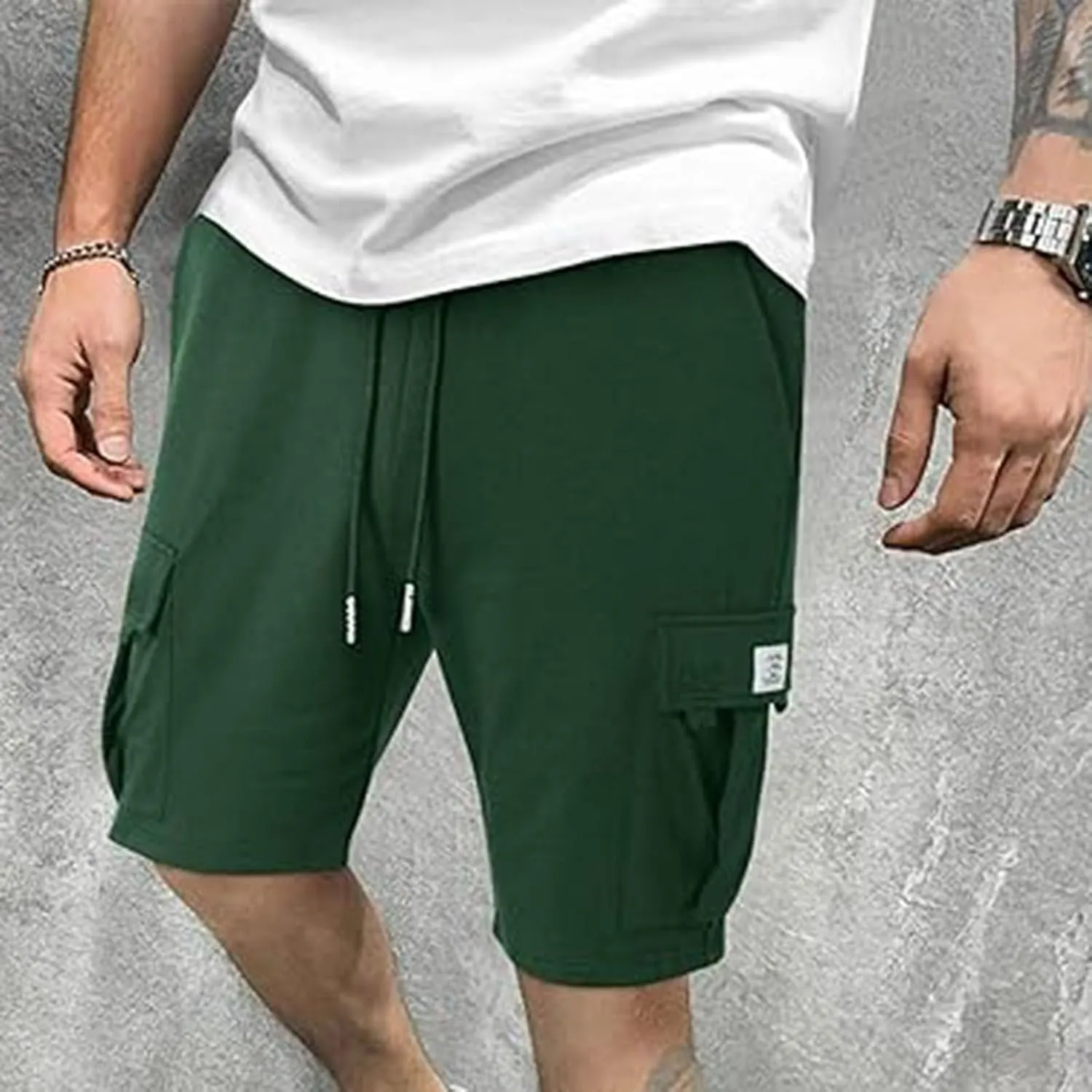 Mens Casual Twill Cargo Shorts Trendy, Cotton Elastic Waist Drawstring Classic Stretch Shorts with Pockets