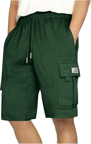 Mens Casual Twill Cargo Shorts Trendy, Cotton Elastic Waist Drawstring Classic Stretch Shorts with Pockets