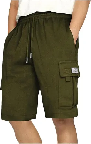 Mens Casual Twill Cargo Shorts Trendy, Cotton Elastic Waist Drawstring Classic Stretch Shorts with Pockets