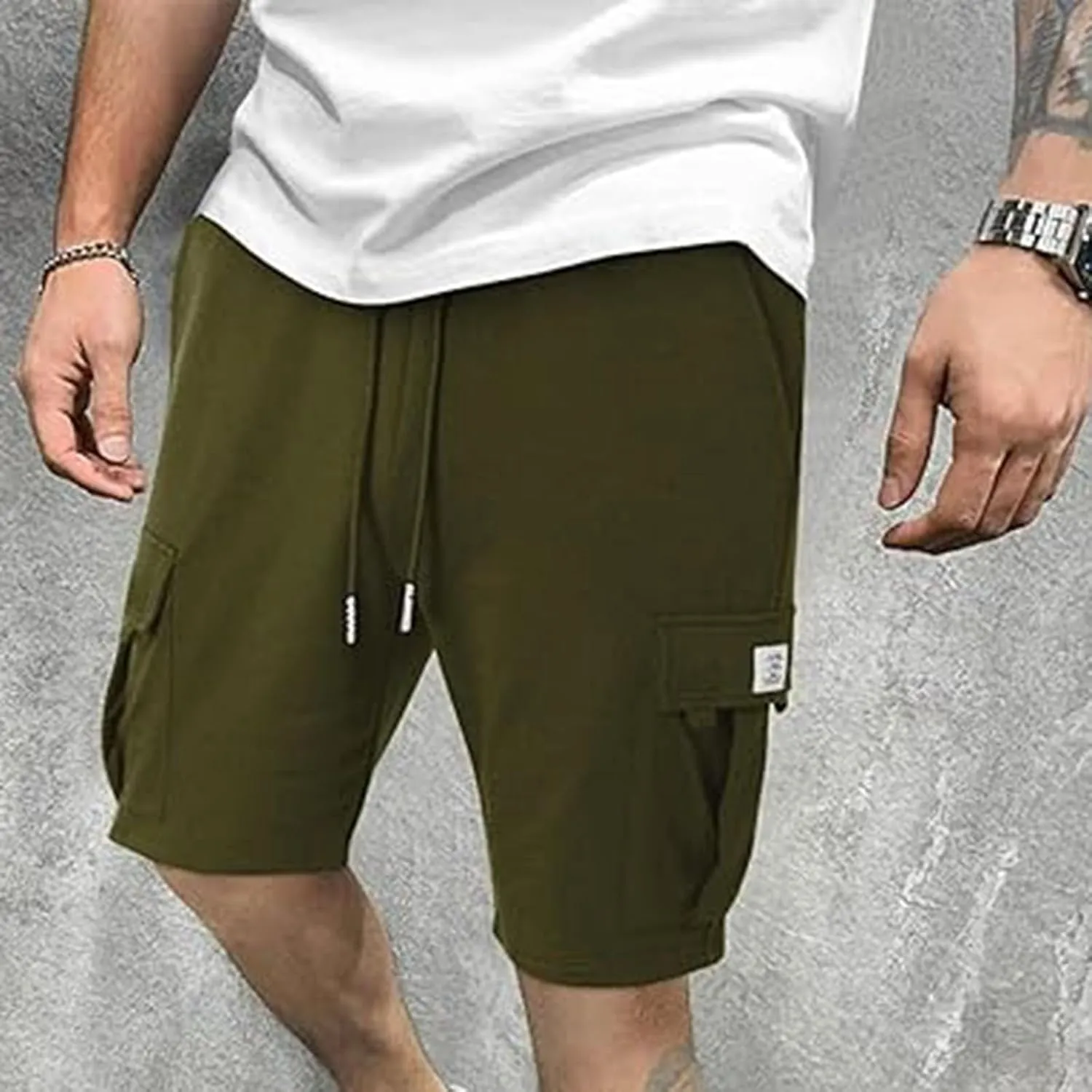 Mens Casual Twill Cargo Shorts Trendy, Cotton Elastic Waist Drawstring Classic Stretch Shorts with Pockets
