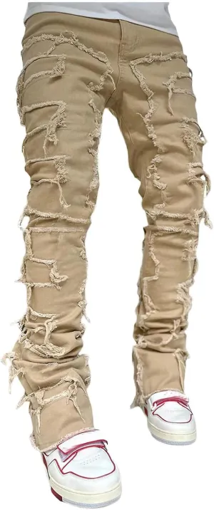 Mens Slim Fit Stretch Jeans Distressed Patchwork Stacked Frayed Skinny Denim Pants Straight Leg Trouser