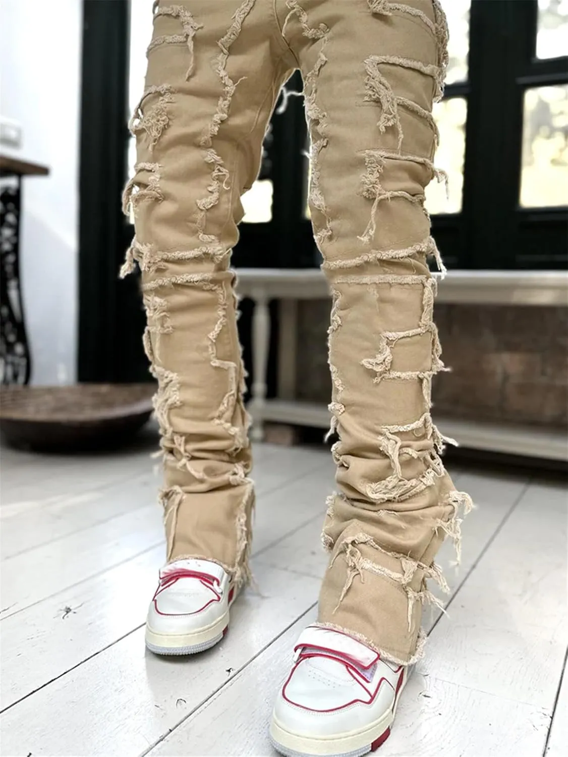 Mens Slim Fit Stretch Jeans Distressed Patchwork Stacked Frayed Skinny Denim Pants Straight Leg Trouser
