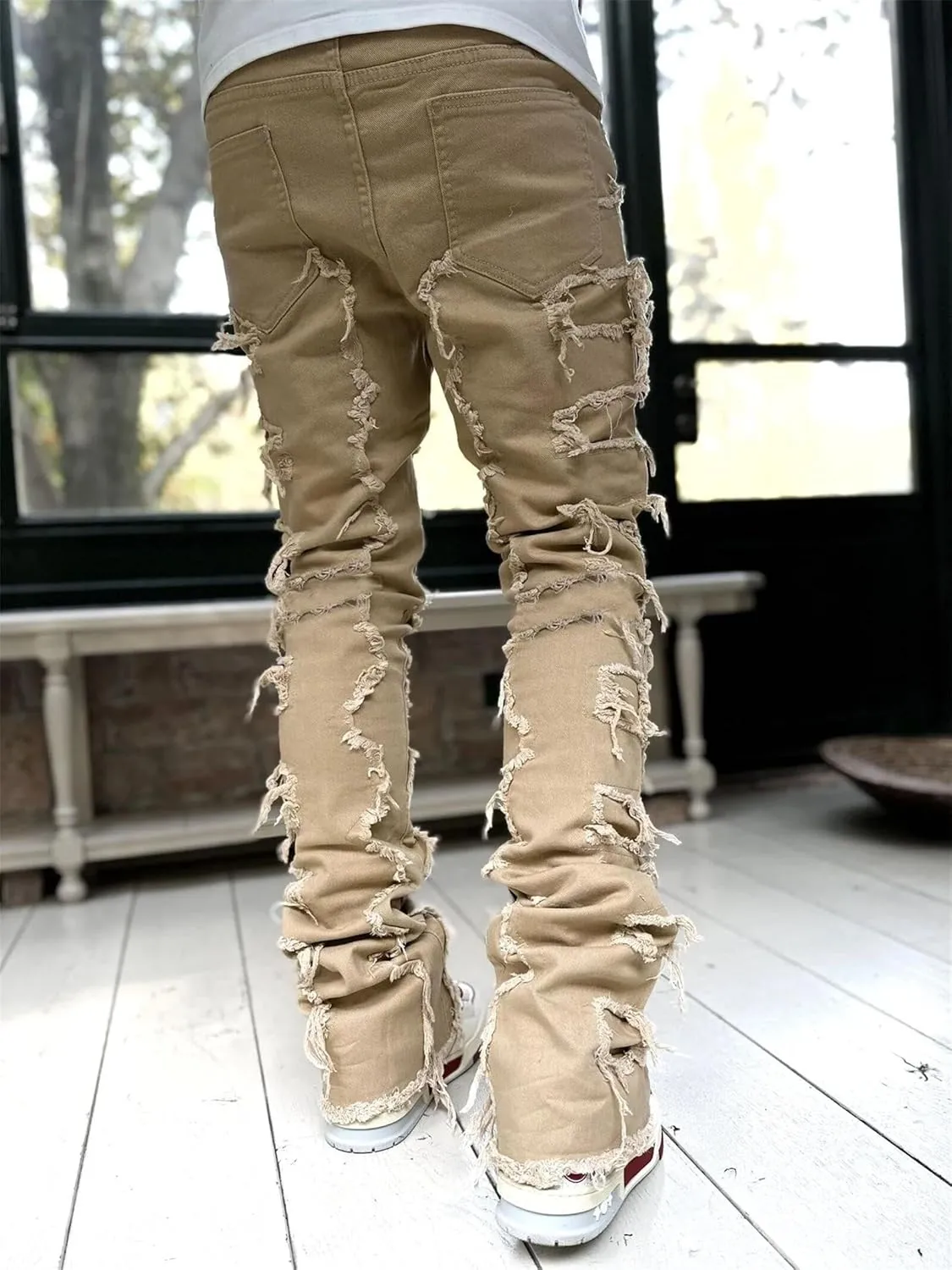 Mens Slim Fit Stretch Jeans Distressed Patchwork Stacked Frayed Skinny Denim Pants Straight Leg Trouser