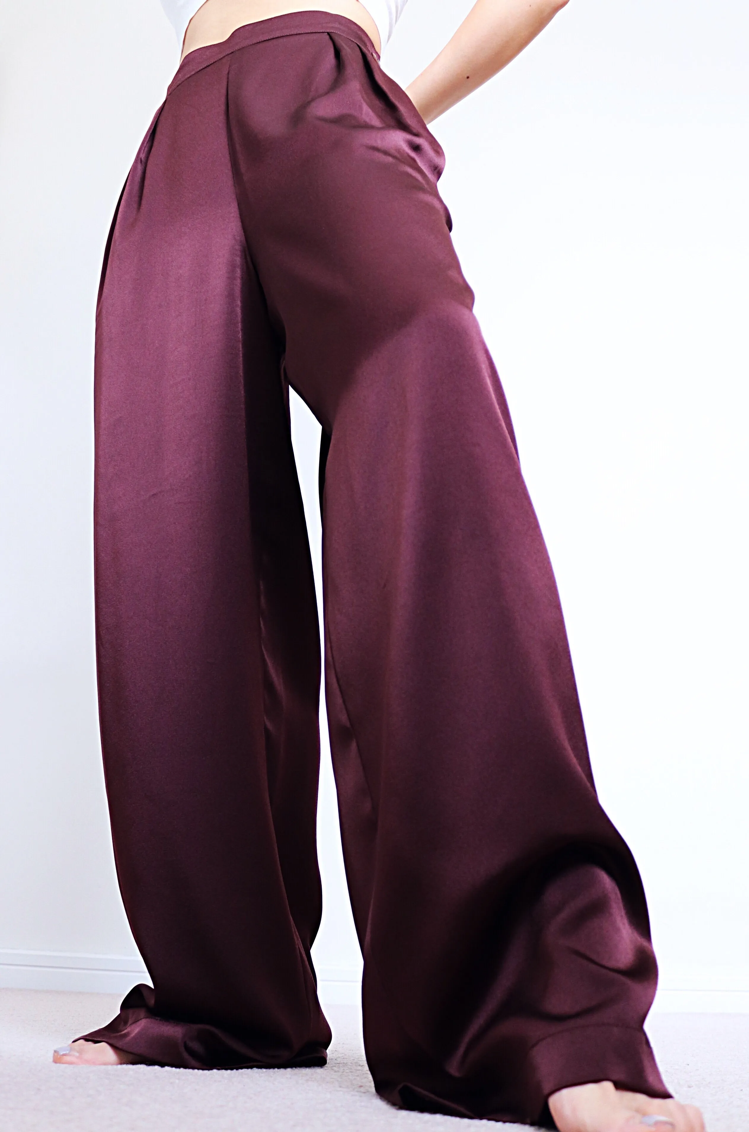 VINTAGE SATIN SIMPLE WIDE LEG TROUSERS PANTS
