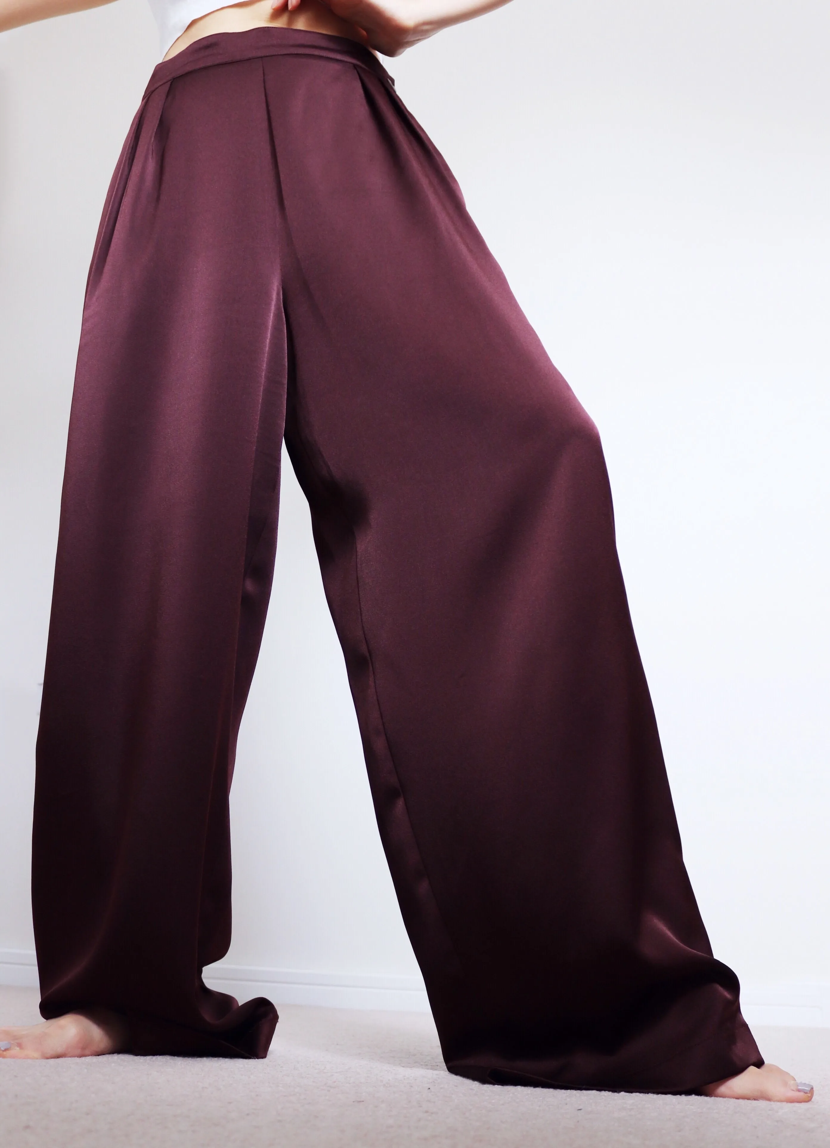 VINTAGE SATIN SIMPLE WIDE LEG TROUSERS PANTS