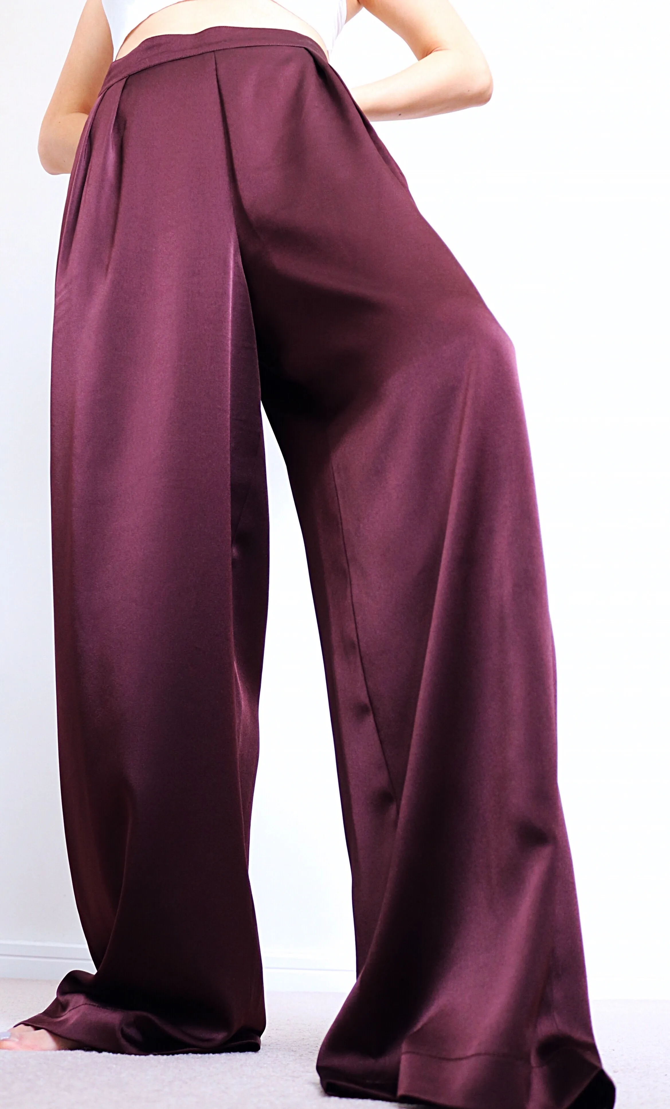 VINTAGE SATIN SIMPLE WIDE LEG TROUSERS PANTS
